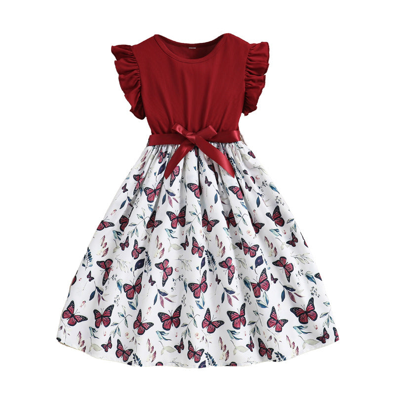 Girls Conversational Printed Flutter Sleeves Fit & Flare Maxi Dress