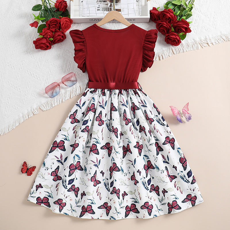 Girls Conversational Printed Flutter Sleeves Fit & Flare Maxi Dress