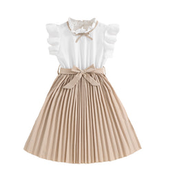 Girls Beige & White Striped Flutter Sleeve Fit & Flare Maxi Dress
