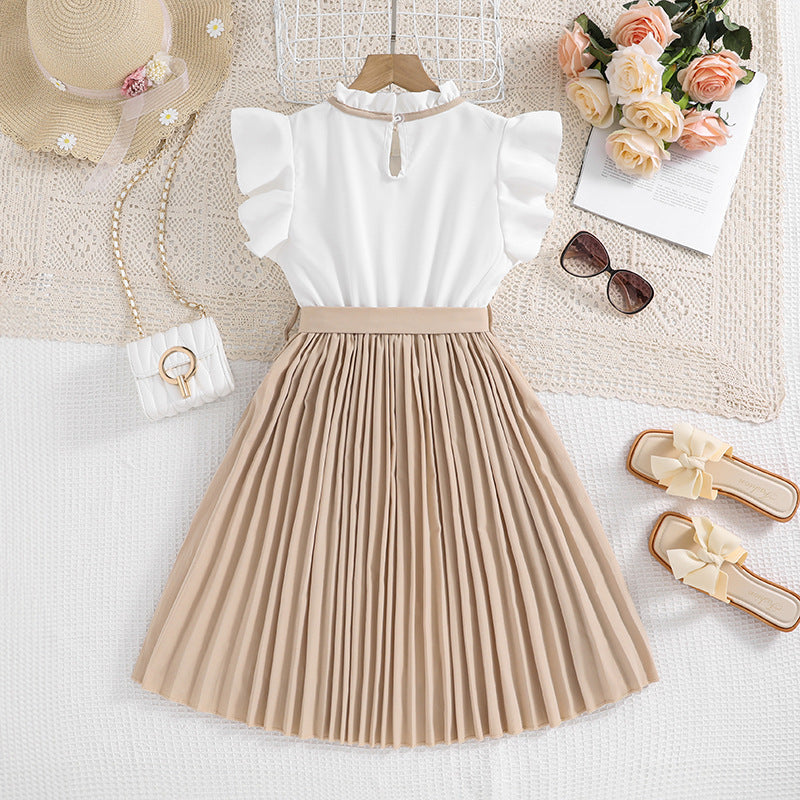 Girls Beige & White Striped Flutter Sleeve Fit & Flare Maxi Dress