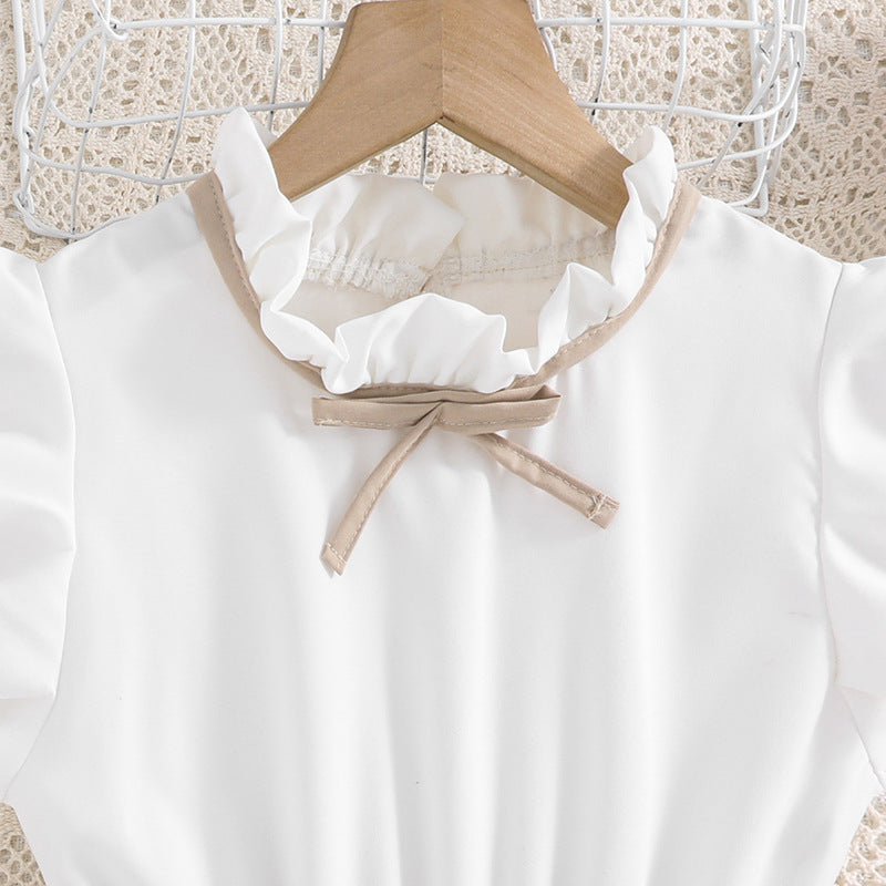 Girls Beige & White Striped Flutter Sleeve Fit & Flare Maxi Dress