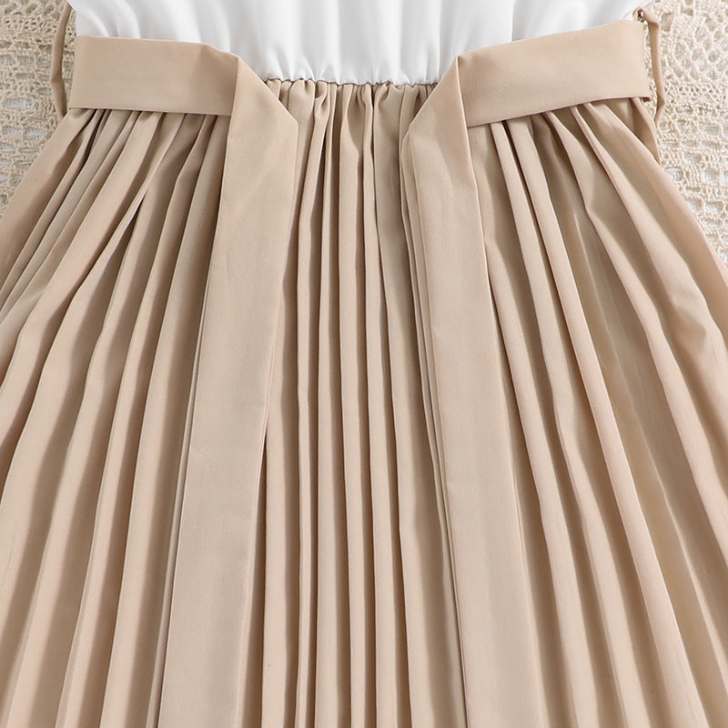 Girls Beige & White Striped Flutter Sleeve Fit & Flare Maxi Dress