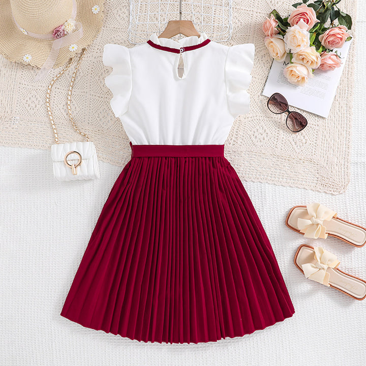 Girls Maroon Peter Pan Collar Flutter Sleeve Fit & Flare Maxi Dress
