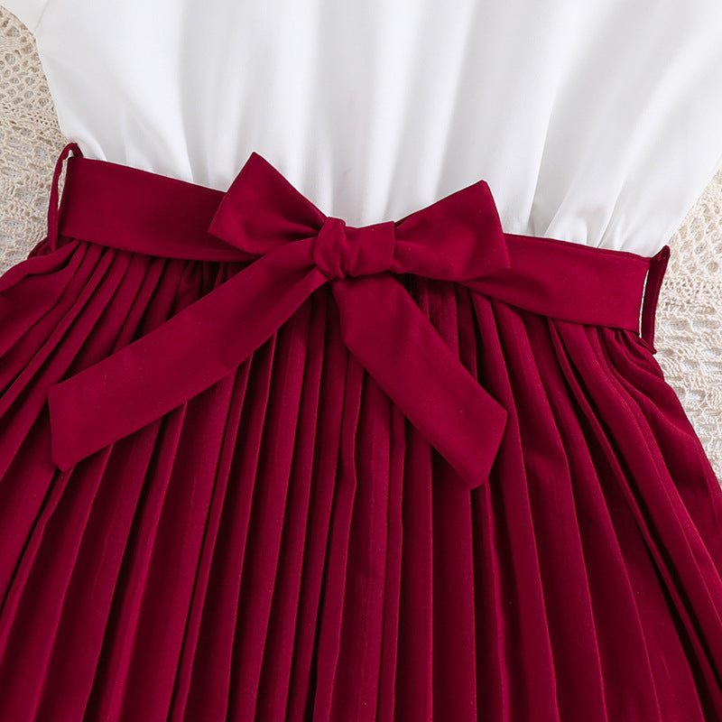 Girls Maroon Peter Pan Collar Flutter Sleeve Fit & Flare Maxi Dress