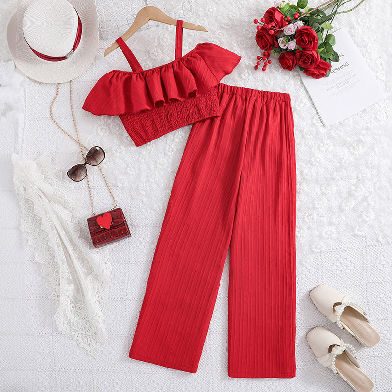 Girls Red Shoulder Straps Top with Palazzos