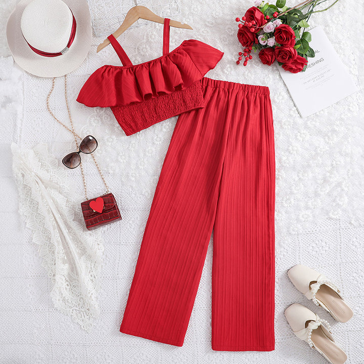 Girls Red Shoulder Straps Top with Palazzos