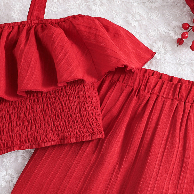 Girls Red Shoulder Straps Top with Palazzos