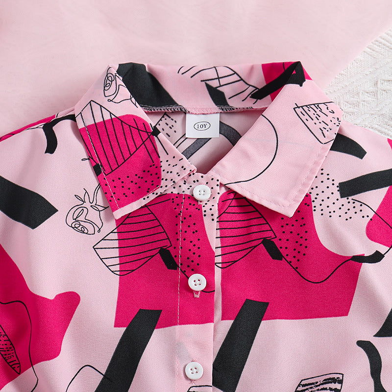 Girls Fuchsia Abstract Printed Top with Skirt