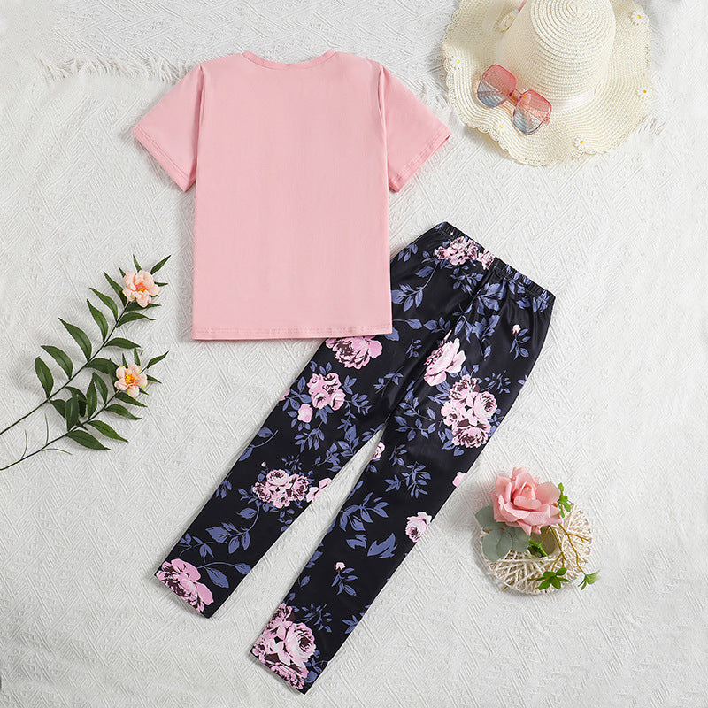 Girls Pink Typography Printed Top with Leggings