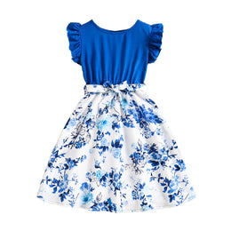 Girls Blue Round Neck Floral Print Flutter Sleeve Fit & Flare Dress