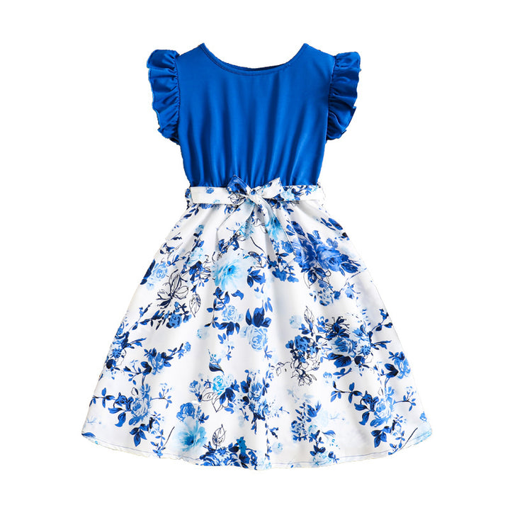 Girls Blue Round Neck Floral Print Flutter Sleeve Fit & Flare Dress