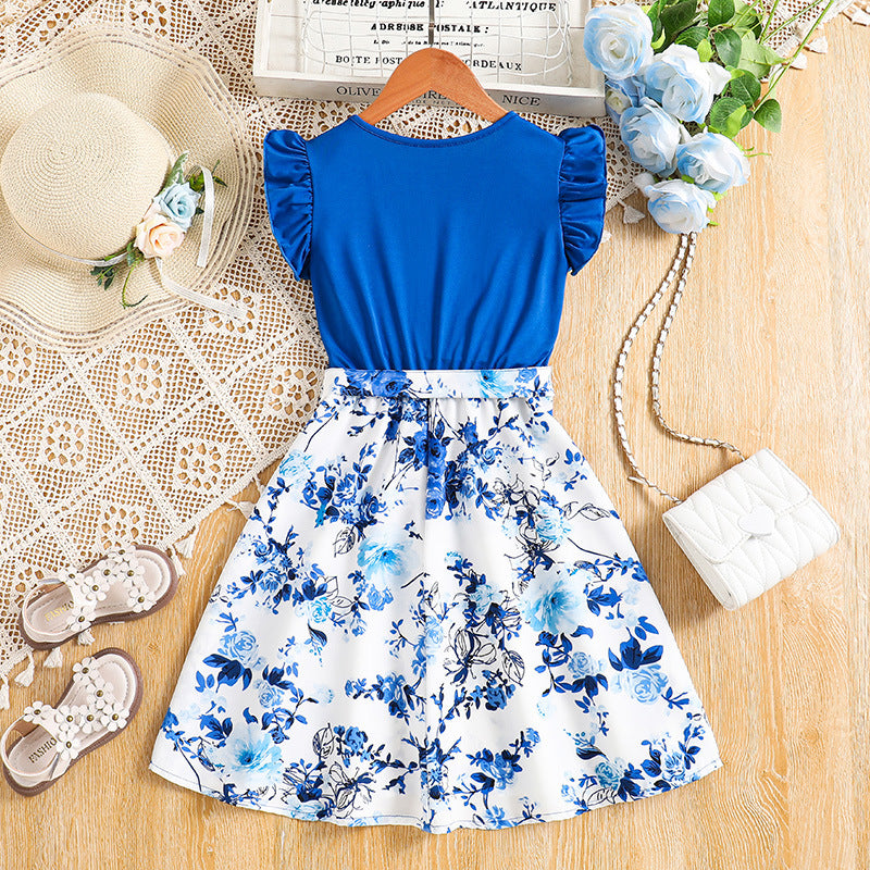 Girls Blue Round Neck Floral Print Flutter Sleeve Fit & Flare Dress