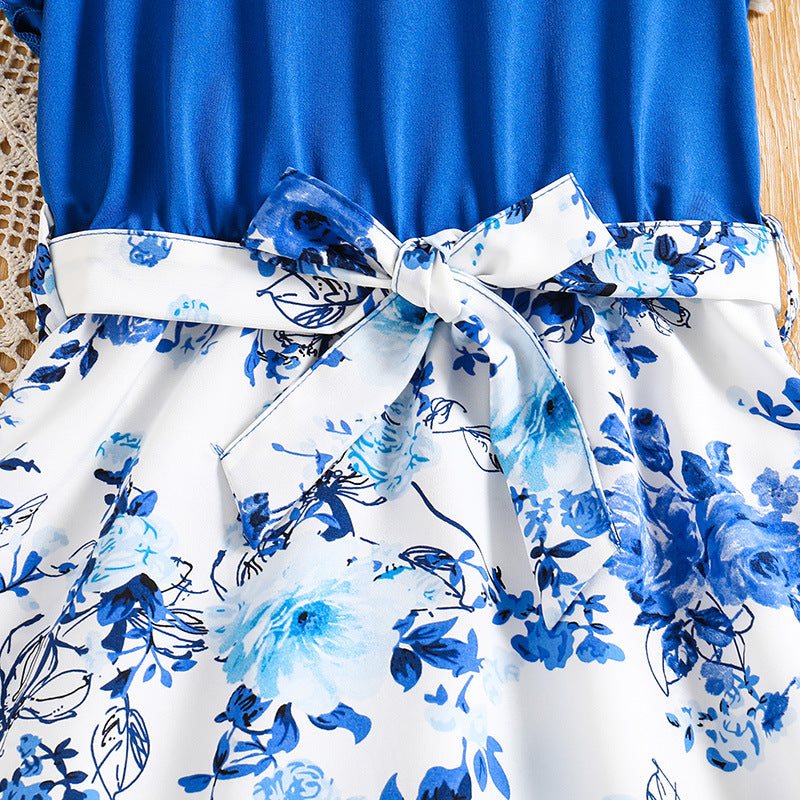 Girls Blue Round Neck Floral Print Flutter Sleeve Fit & Flare Dress