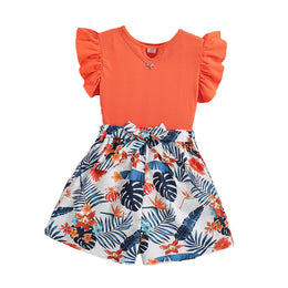 Girls Orange & White Round Neck Striped Top with Shorts