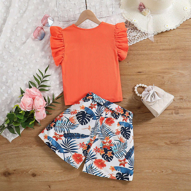Girls Orange & White Round Neck Striped Top with Shorts