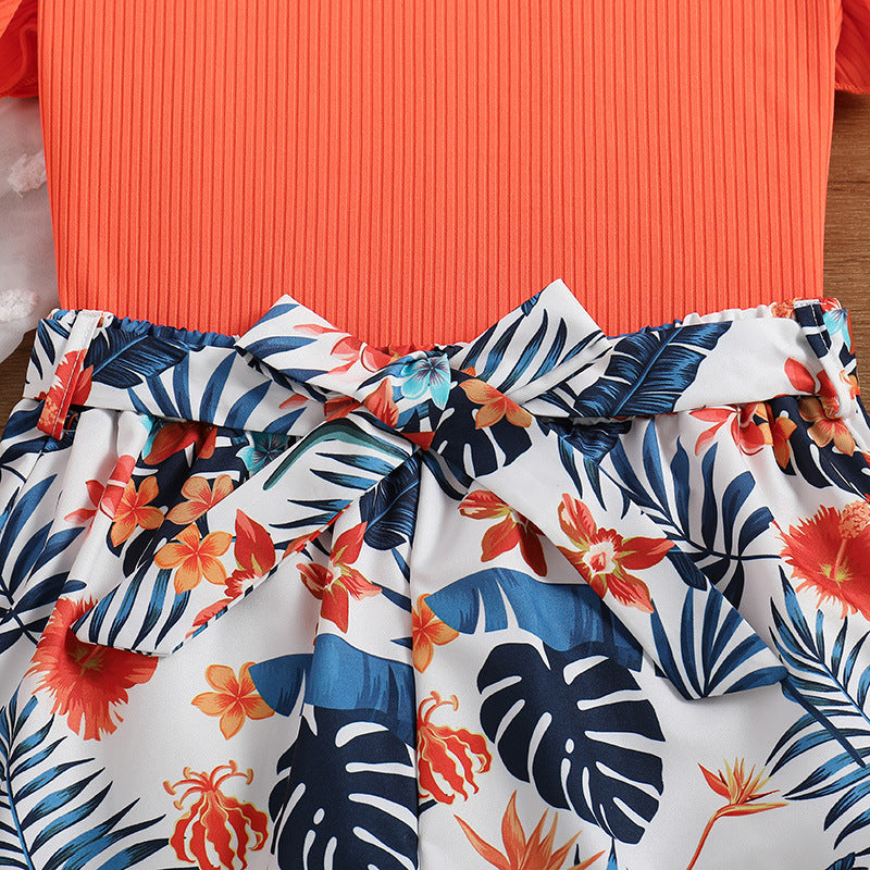 Girls Orange & White Round Neck Striped Top with Shorts