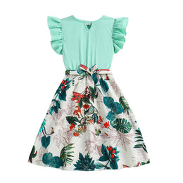 Girls Green Floral Print Flutter Sleeve Fit & Flare Dress
