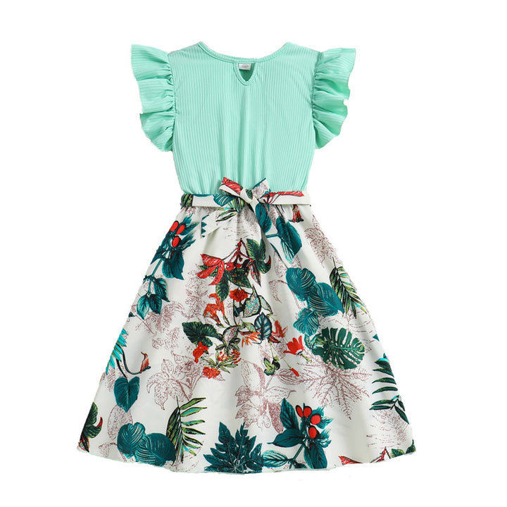 Girls Green Floral Print Flutter Sleeve Fit & Flare Dress