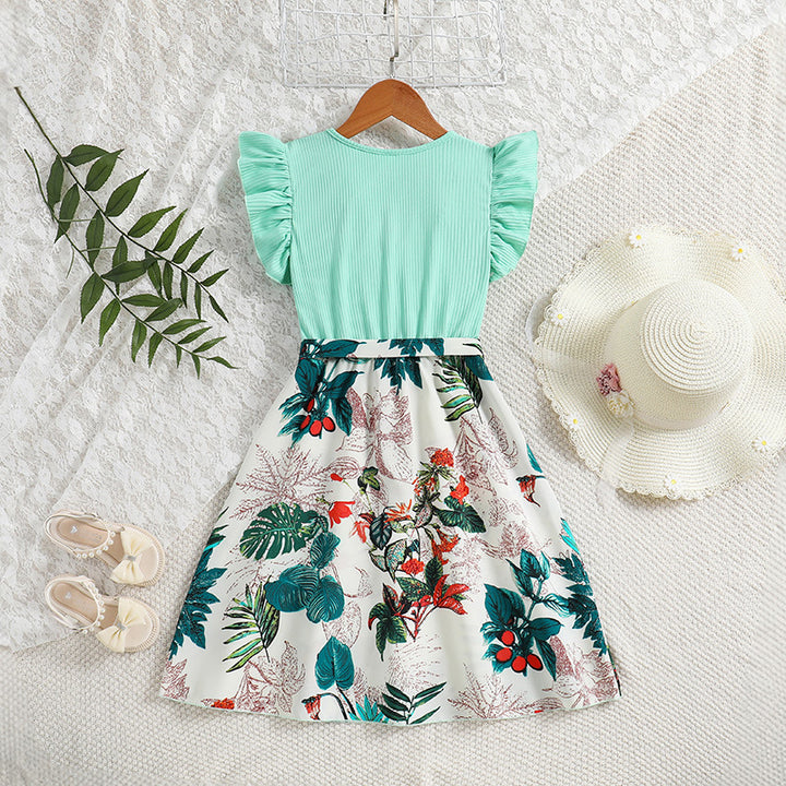 Girls Green Floral Print Flutter Sleeve Fit & Flare Dress
