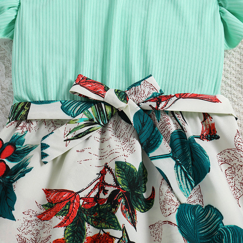 Girls Green Floral Print Flutter Sleeve Fit & Flare Dress