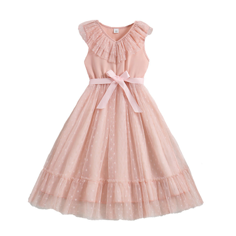 Girls Self Design V-Neck Ruffles Fit & Flare Maxi Dress