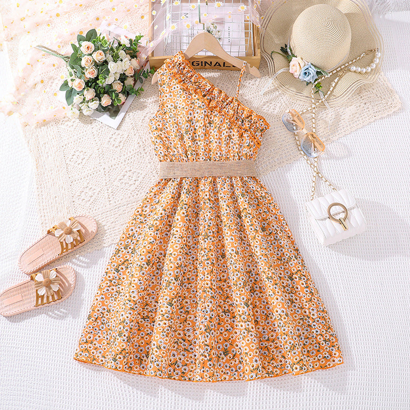 Girls Orange & White Floral Printed Maxi Dress