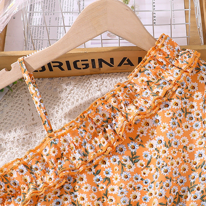 Girls Orange & White Floral Printed Maxi Dress