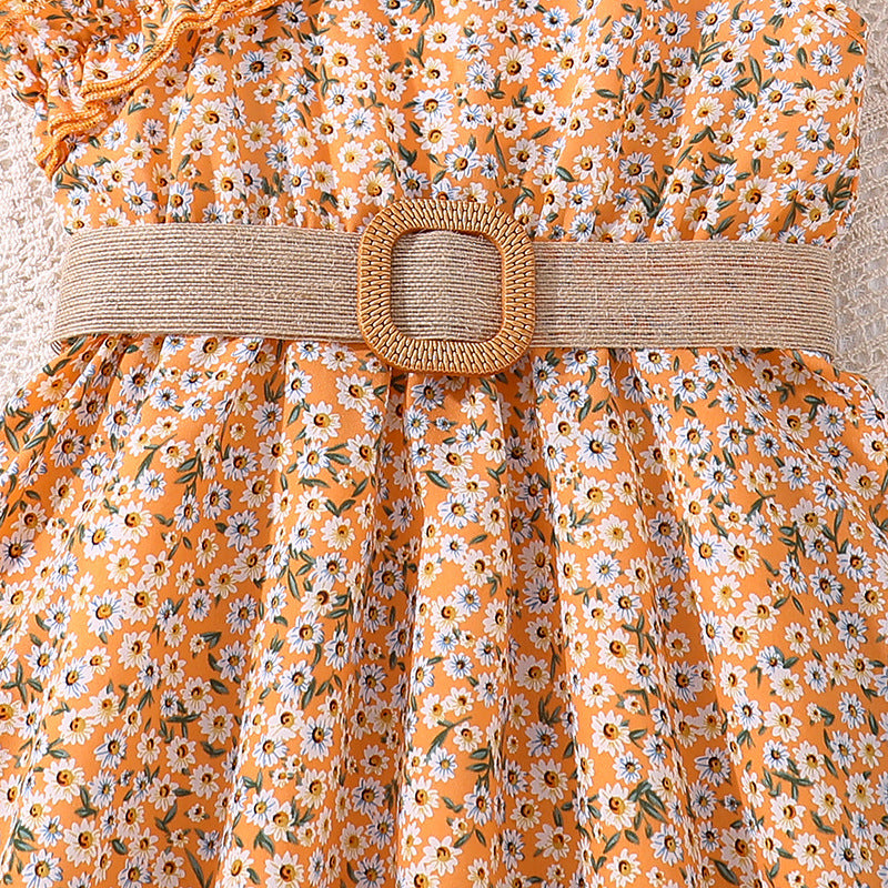 Girls Orange & White Floral Printed Maxi Dress