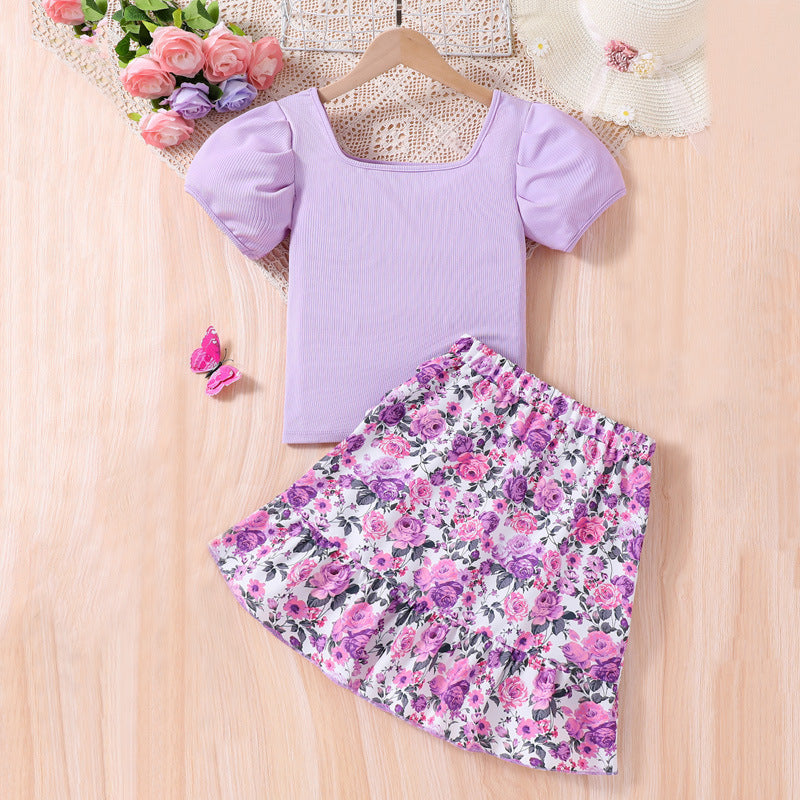 Girls Purple & White Printed Top with Skirt