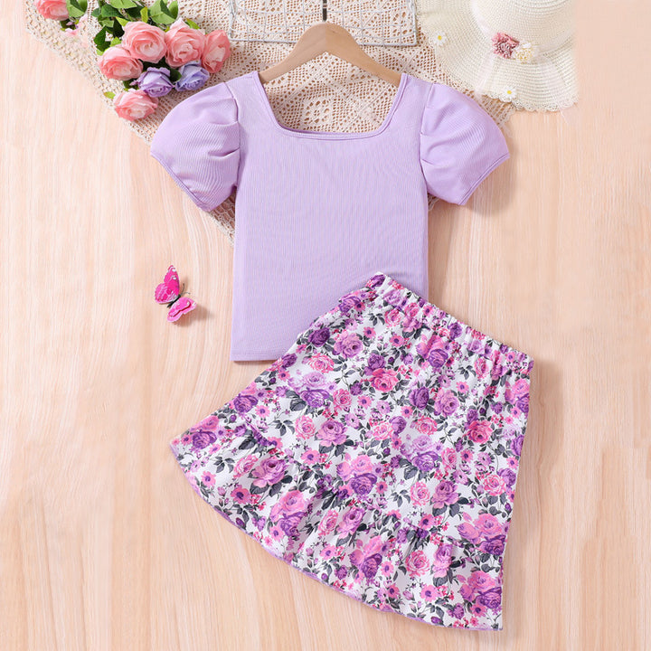 Girls Purple & White Printed Top with Skirt