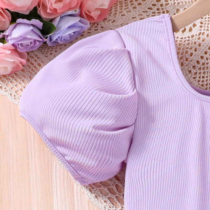 Girls Purple & White Printed Top with Skirt