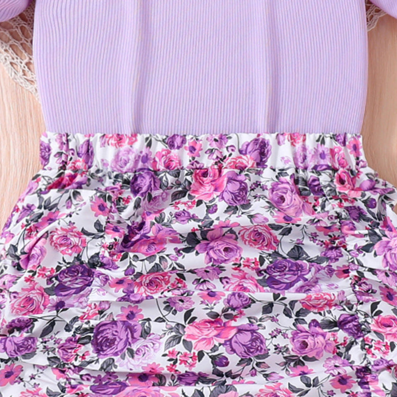 Girls Purple & White Printed Top with Skirt