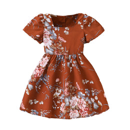 Girls Brown Square Neck Floral Print Fit & Flare Dress