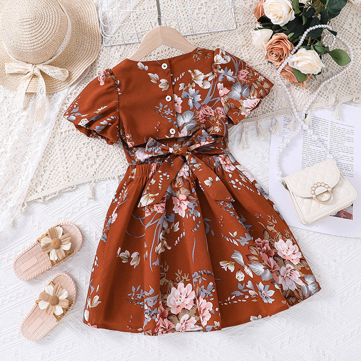 Girls Brown Square Neck Floral Print Fit & Flare Dress