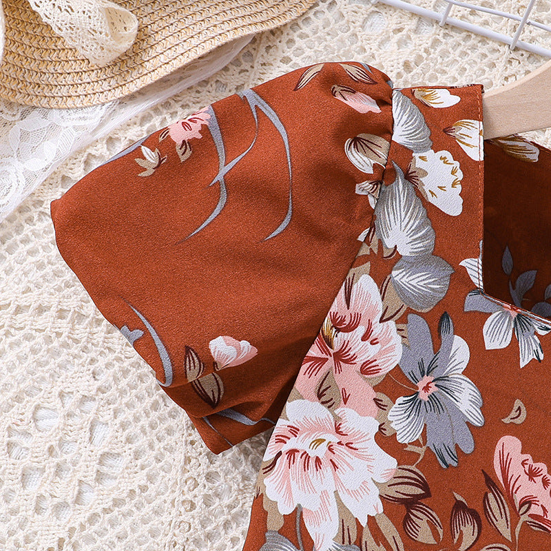 Girls Brown Square Neck Floral Print Fit & Flare Dress