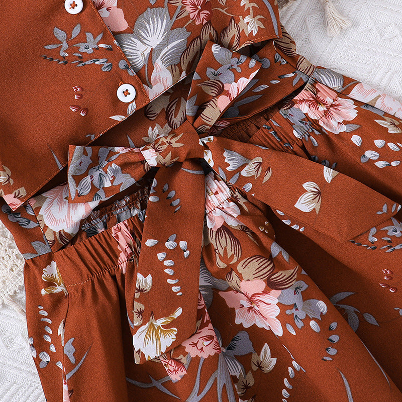 Girls Brown Square Neck Floral Print Fit & Flare Dress
