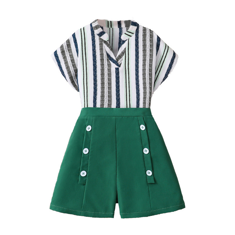 Girls Green Striped Top with Shorts