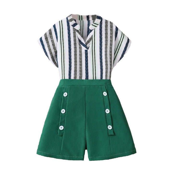 Girls Green Striped Top with Shorts