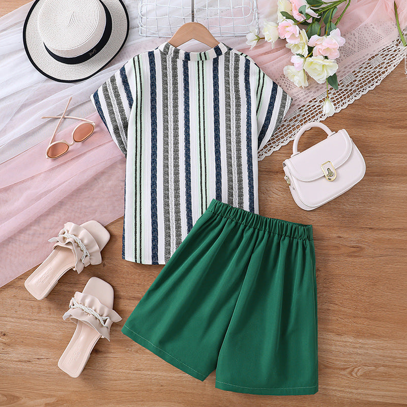 Girls Green Striped Top with Shorts