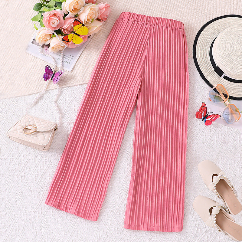 Girls Solid Loose Fit Easy Wash Accordion Pleat Parallel Trousers