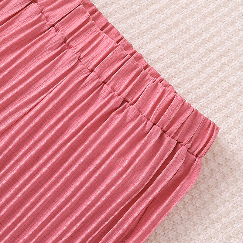 Girls Solid Loose Fit Easy Wash Accordion Pleat Parallel Trousers