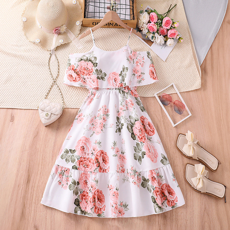 White Floral Print Flared Sleeve Layered A-Line Maxi Dress