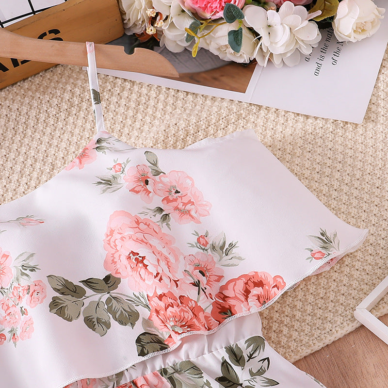 White Floral Print Flared Sleeve Layered A-Line Maxi Dress