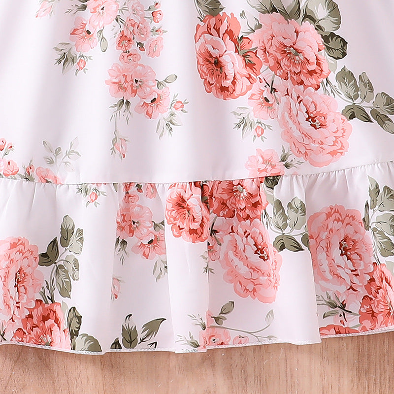 White Floral Print Flared Sleeve Layered A-Line Maxi Dress