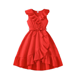 Red V Neck Ruffled Fit & Flare Midi Dress