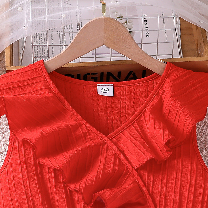 Red V Neck Ruffled Fit & Flare Midi Dress