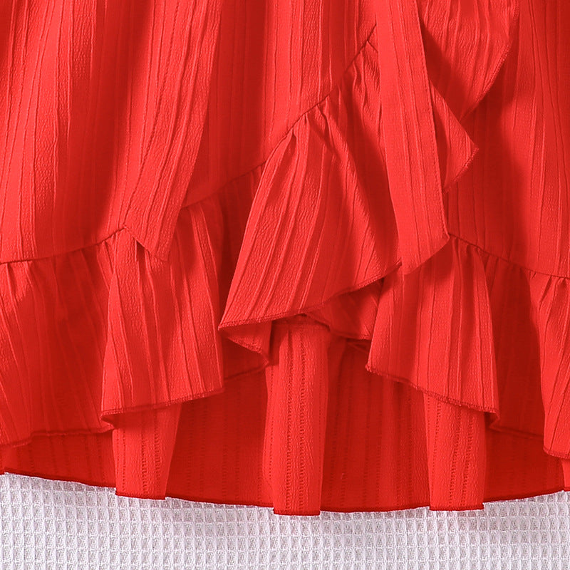 Red V Neck Ruffled Fit & Flare Midi Dress