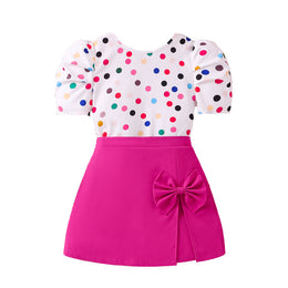 Girls Fuchsia & White Round Neck Printed Top with Skirt