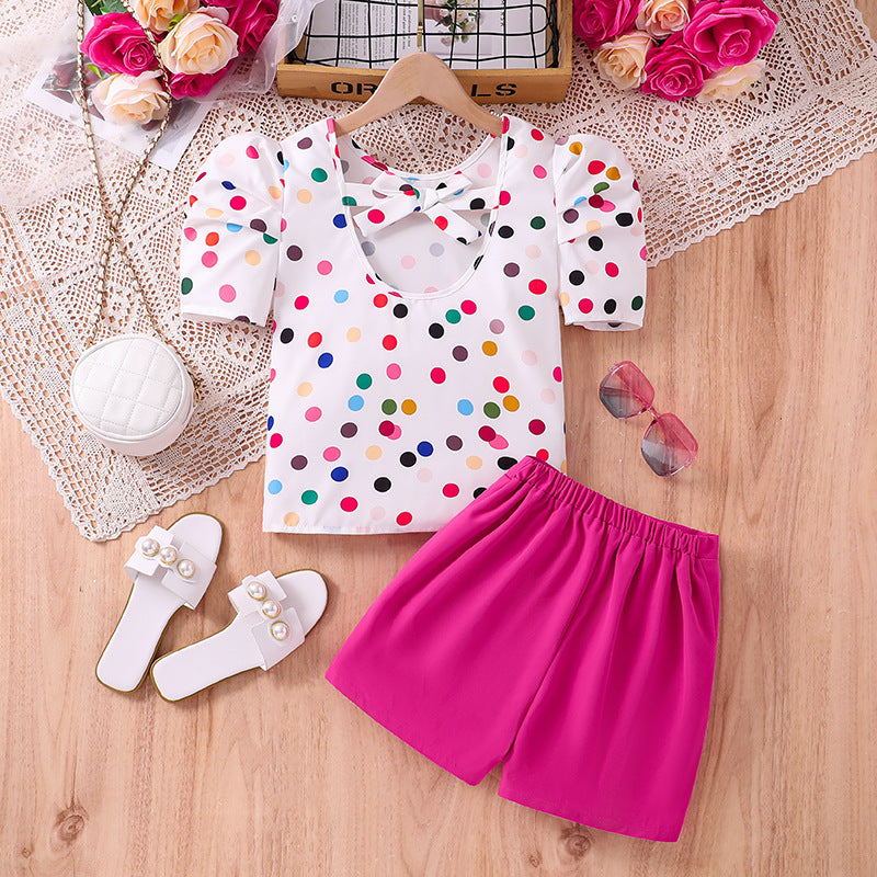Girls Fuchsia & White Round Neck Printed Top with Skirt