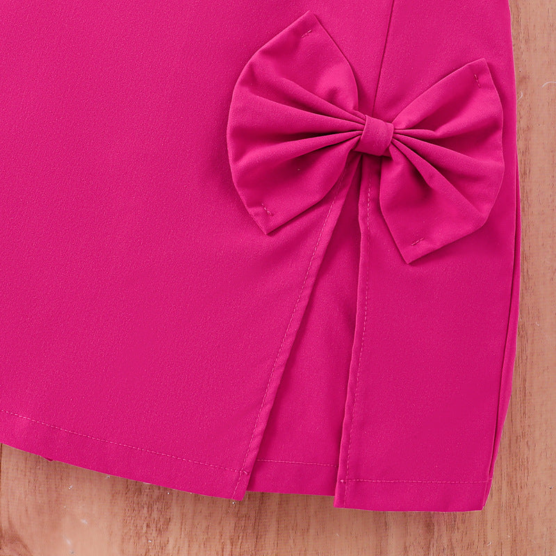 Girls Fuchsia & White Round Neck Printed Top with Skirt